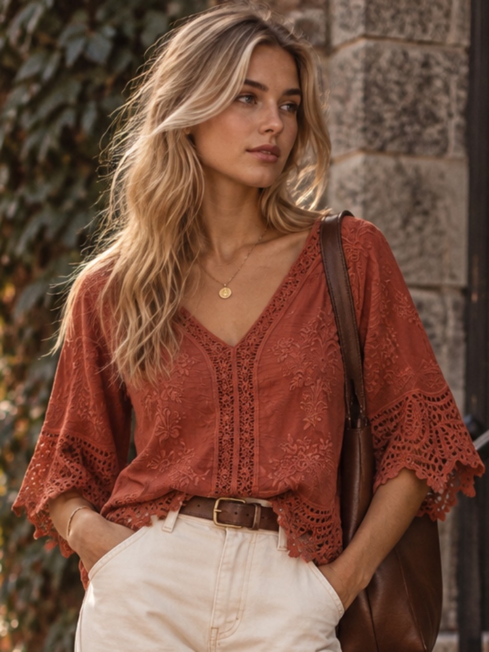 Embroidered crochet blouse - perfect fall color, women’s medium by Democracy